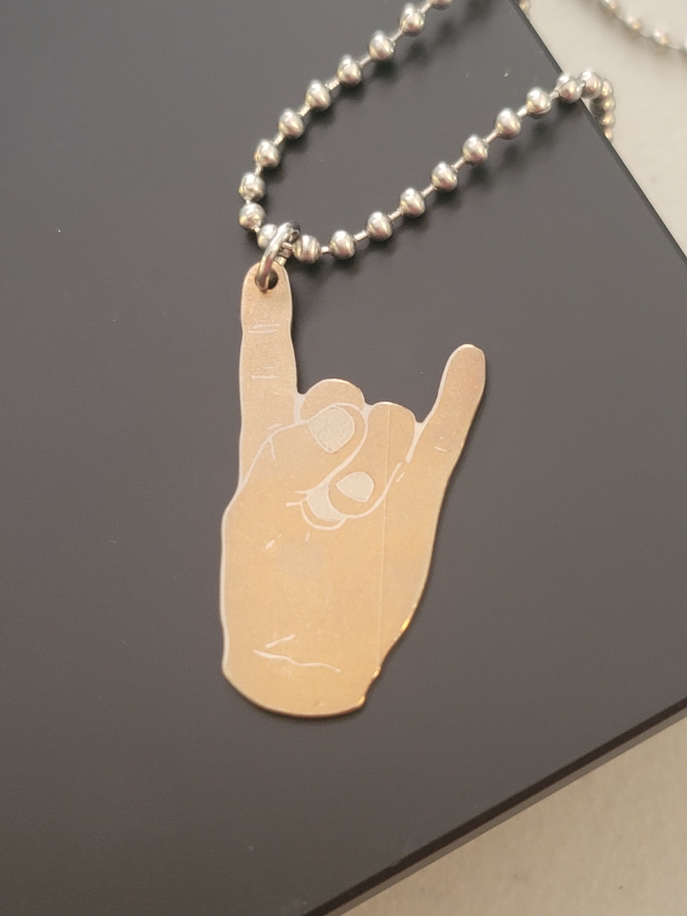 Titanium Metallic "Horns Up" Rock Hand Necklace *Unisex*